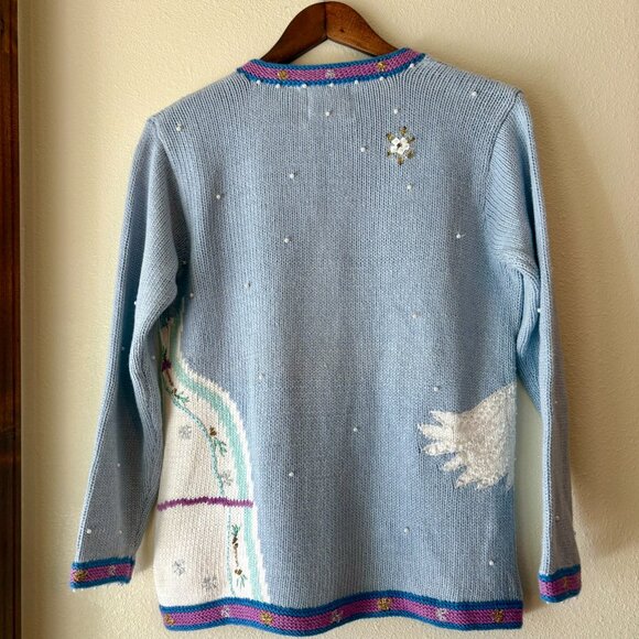 Hand Knit Storybook Cardigan Sweater Ugly Christmas Angel Snow Trees 90s Size M - Picture 3 of 11